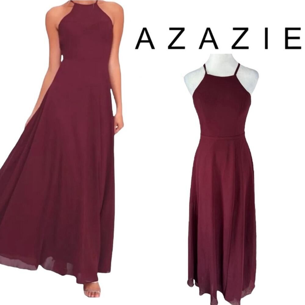 Azazie Bridesmaid Dress Burgundy Long Wedding Guest Formal Open Back Wine Sz A0 - Picture 2 of 16